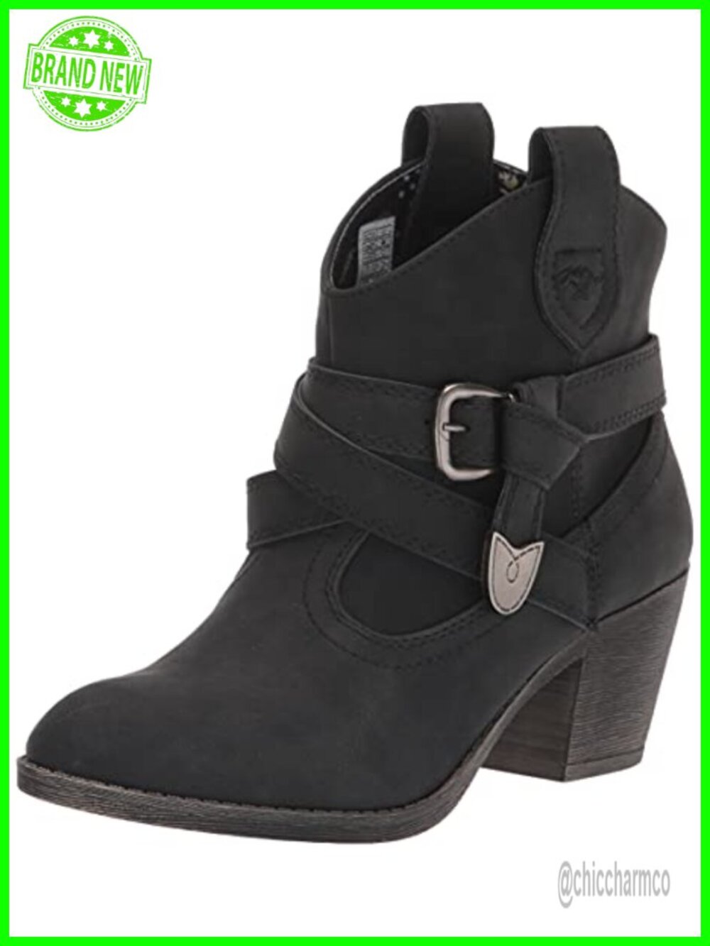 Western Ankle Bootie with Buckle & Chunky Stacked Heel, Pull-Up Tabs, Almond Toe
